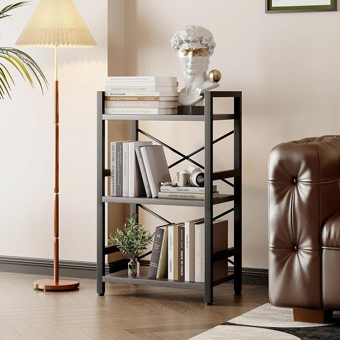 Homeiju Bookshelf, 3 Tier Industrial Bookcase, Metal Small Bookcase, Rustic - Image 2