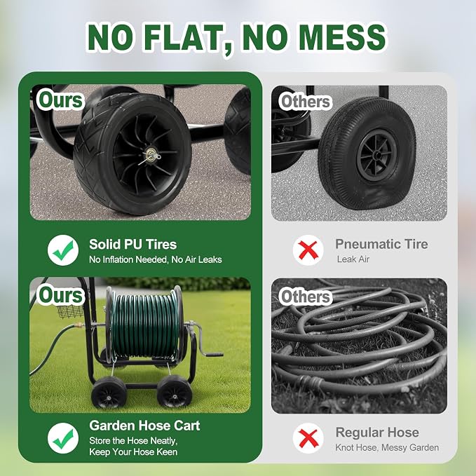 VINGLI 300FT 5/8in Garden Hose Reel Cart, 4-Wheel Portable Residential Hose - Image 3