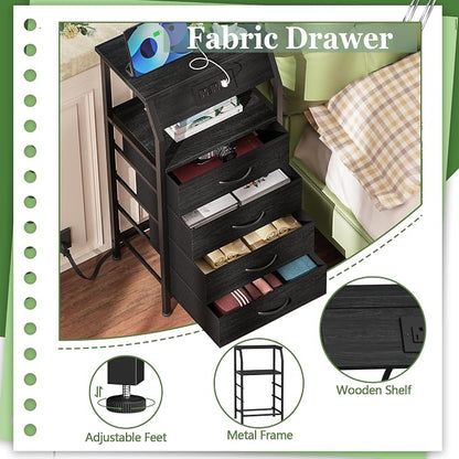 Furnulem Tall Night Stand with Charging Station, 4 Drawers Bedside Table | - Image 7