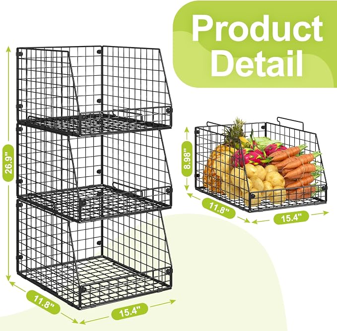 Jakyitvi 3 Pack XXL Stackable Wire Baskets, Large Storage Bins - Image 7