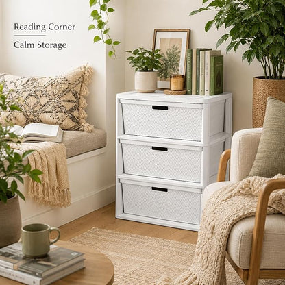 Wide 3-Drawer Decorative Organizer Chest, Ergonomic Pull Handles, Opaque Bins - Image 8
