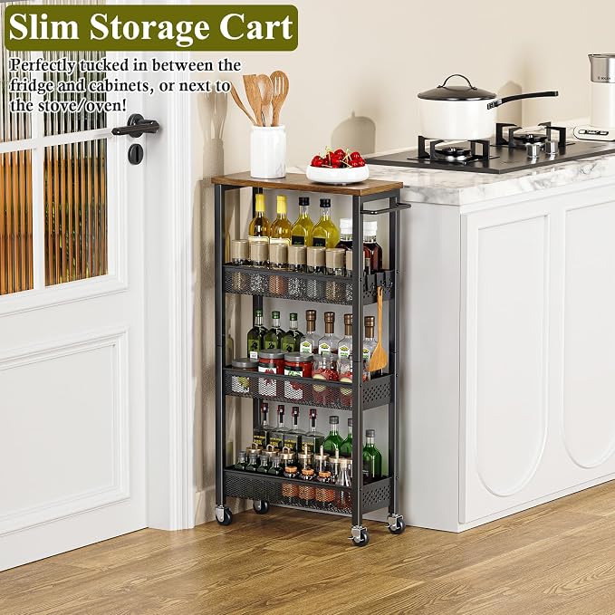 Utility Slim Storage Cart, 4 Tier Small Rolling Kitchen Laundry Room Cart - Image 7