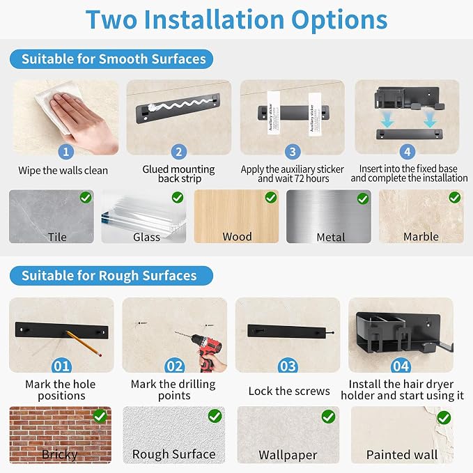 Hair Dryer Holder Wall Mounted Adhesive/Drilling, Hair Dryer Storage Organizer - Image 7