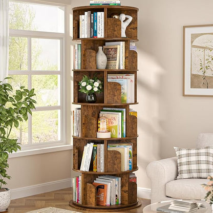 Aheaplus 6 Tier Rotating Bookshelf, Wood Spinning Bookshelf Tower, Round by Aheaplus