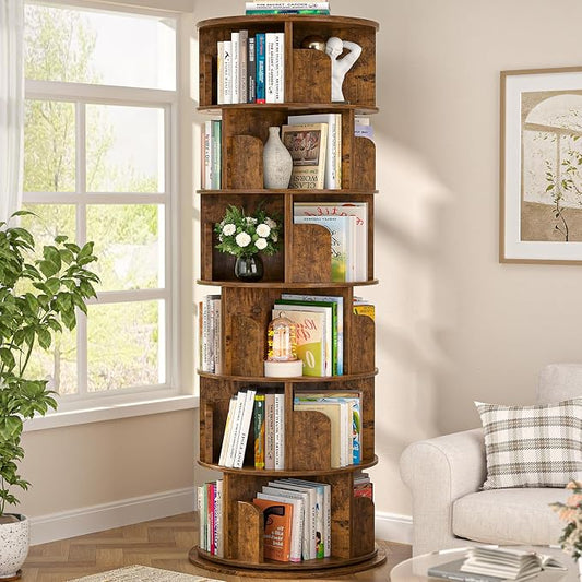 Aheaplus 6 Tier Rotating Bookshelf, Wood Spinning Bookshelf Tower, Round by Aheaplus