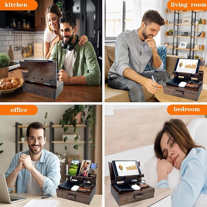 Gifts for Men Women Husband Son Boyfriend Him Nightstand Organizer Wood Phone - Image 4
