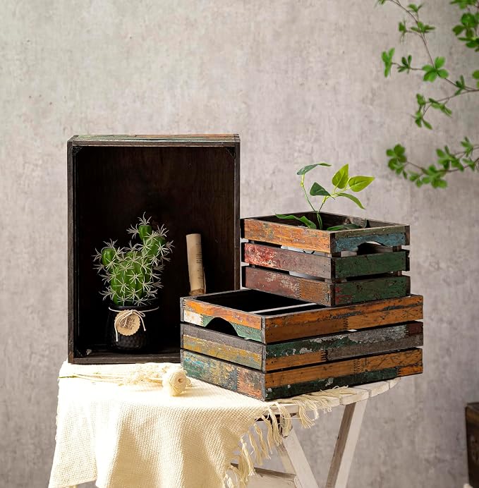 TIMRIS Set of 3 Rustic Distressed Wood Nesting Crates, Farmhouse Decorative - Image 5