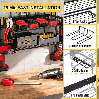 Power Tool Organizer Wall Mount, 2 Layers Heavy Duty 4 Cordless Drill Holder - Image 5