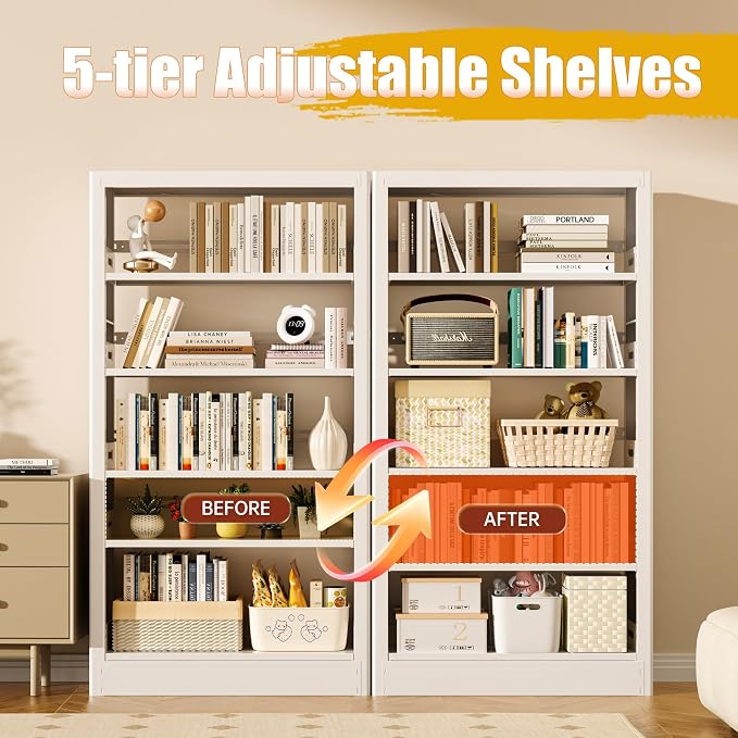 5-Tier Bookcase with Adjustable Storage Shelves, Metal Bookshelf with Book - Image 6