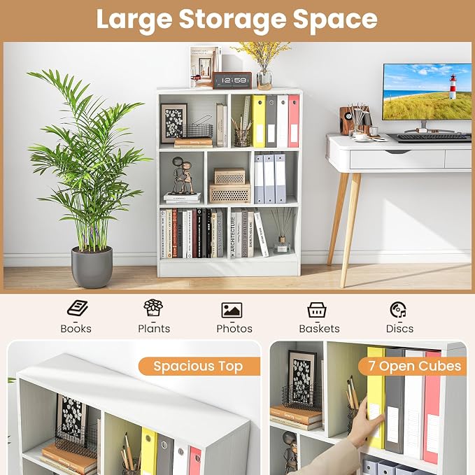 Giantex 7 Cube Bookcase, 4-Tier Freestanding Bookshelf w/ 7 Open Compartments - Image 4