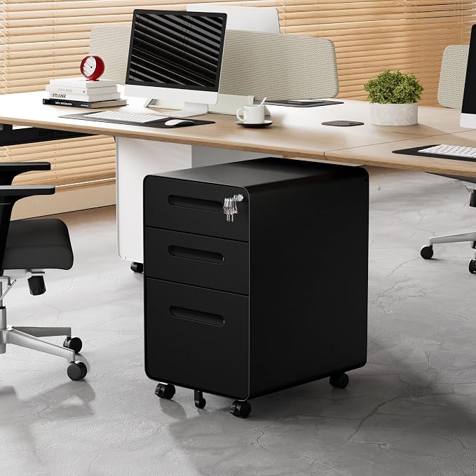 3 Drawer File Cabinet with Lock and 4 Keys, Mobile Metal Filing Cabinet - Image 2