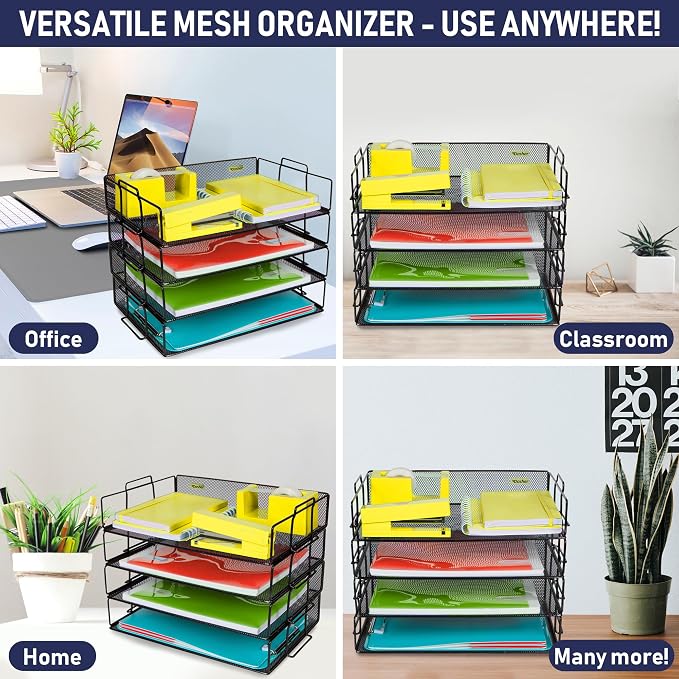 Stackable Paper Tray Desk Organizer, 4-Tier Metal Mesh Letter Organizers - Image 4