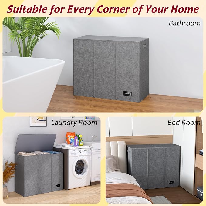 195L Laundry Hamper 3 Section, Large Laundry Hamper - Image 7