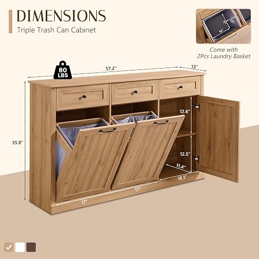 Triple Tilt Out Trash Can Cabinet, 20 Gallon Farmhouse Laundry Hamper Cabinet - Image 2