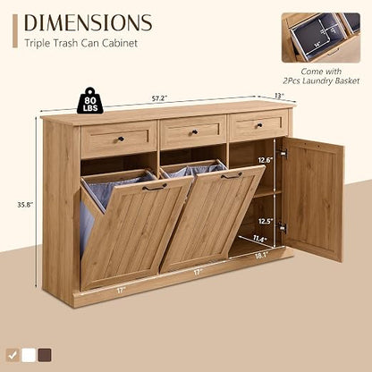 Triple Tilt Out Trash Can Cabinet, 20 Gallon Farmhouse Laundry Hamper Cabinet - Image 2