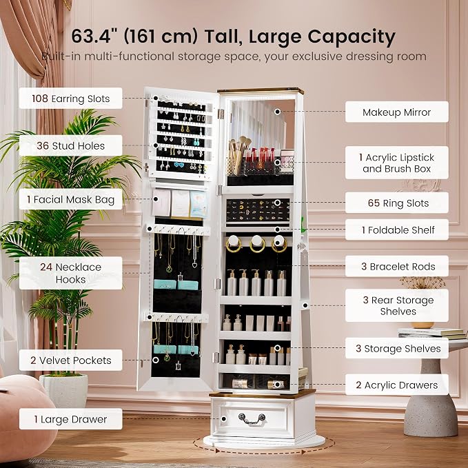 LVSOMT LED Mirror Jewelry Cabinet Standing, 360°Swivel Jewelry Armoire - Image 7