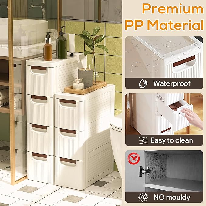 3 Drawers Slim Bathroom Storage Cabinet Dresser, Narrow Plastic Rolling Cart - Image 4