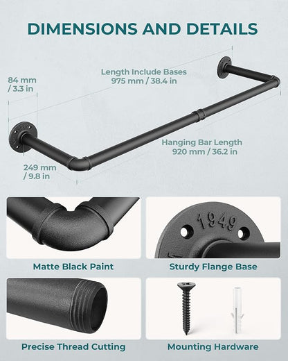OROPY Industrial Pipe Clothing Rack 38.4", Heavy Duty Detachable Wall Mounted - Image 3