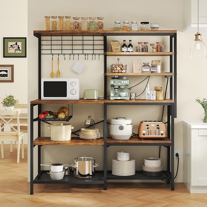 L-Shaped Bakers Rack with Power Outlet, 6-Tier Microwave Stand with Open Storage - Image 8