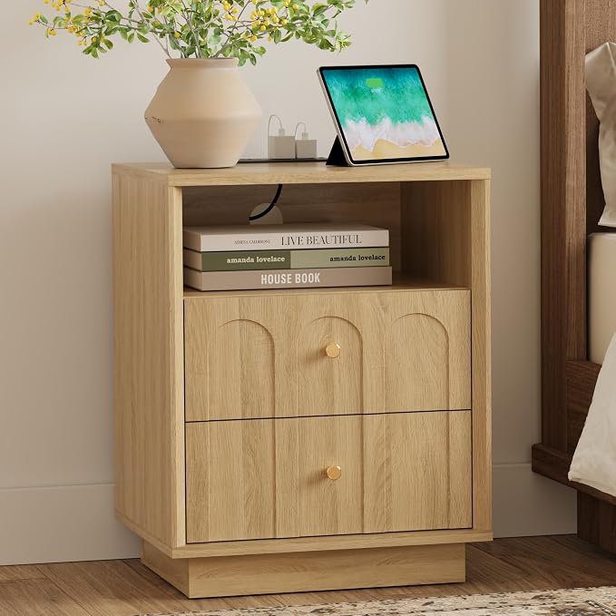 Nightstand with Charging Station, Mid Century Modern Nightstand with Arched by FORTUNETEC