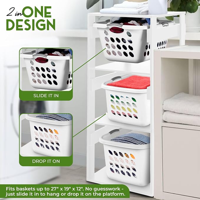 Laundry Basket Holder Shelf – Stackable Engineered Wood Laundry Tower, Tiered - Image 3