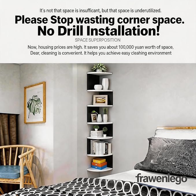 No-Drill Corner Shelf Wall Mount, 7-Tier Floating Corner Bookshelf - Image 4