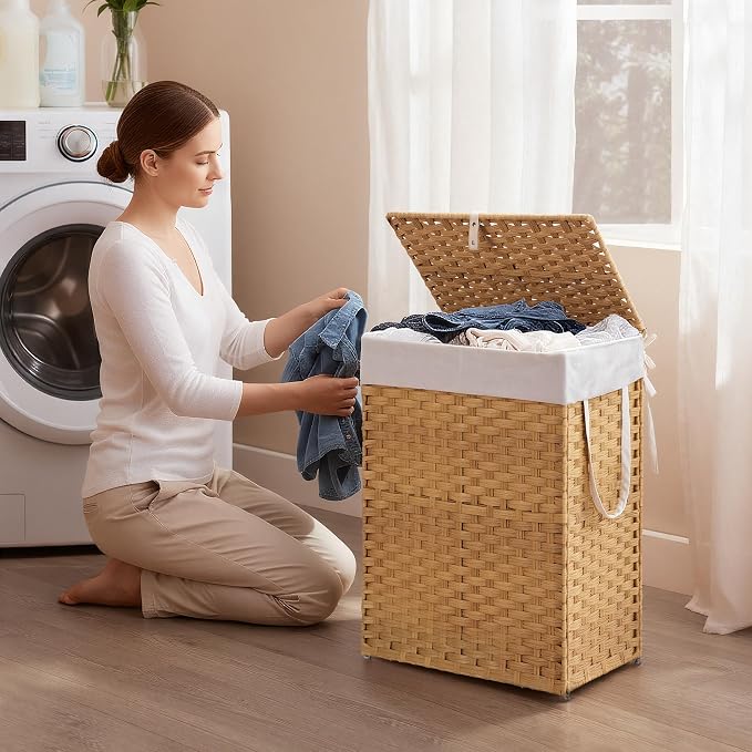 Woven Laundry Basket with Lid, Large Hamper with Removable and Machine-Washable - Image 2