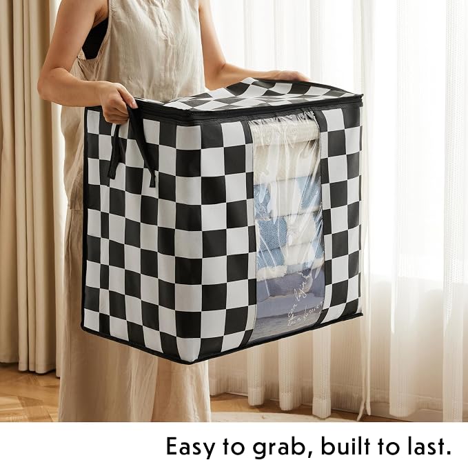 Black and White Checkered Clothes Storage Bins, 100L Large Blanket Storage Bags - Image 5