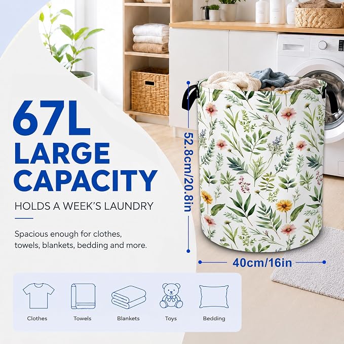 Floral Leaves Laundry Basket, Wildflower Greenery Flowers Collapsible Laundry - Image 2