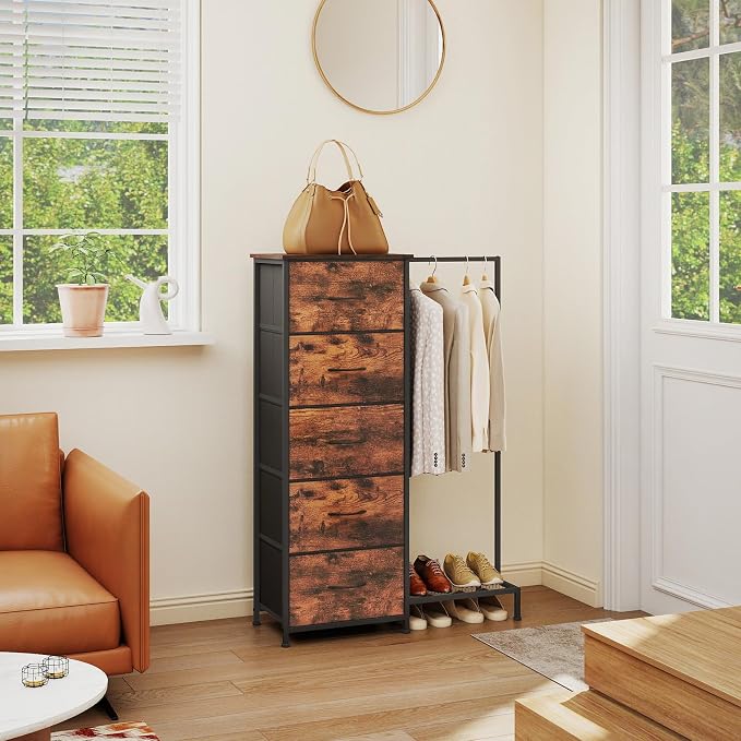 Somdot Dresser with Hanging Rack, 5 Drawers Small Closet - Image 2
