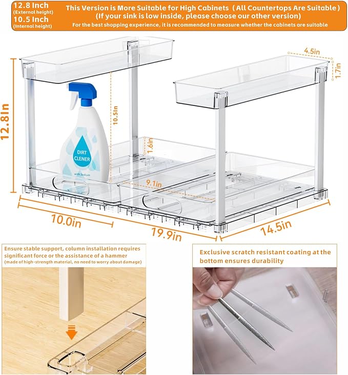 Yieach 2 Pack 14.6″ Deep Pull Out Under Sink Organizer, 12.8″ High 2 Tier Slide - Image 4
