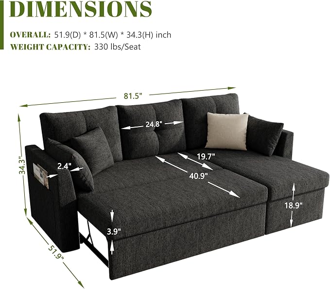 Huatean Home Sleeper Couch Sofa, Sectional Sleeper Sofa Bed - Image 3