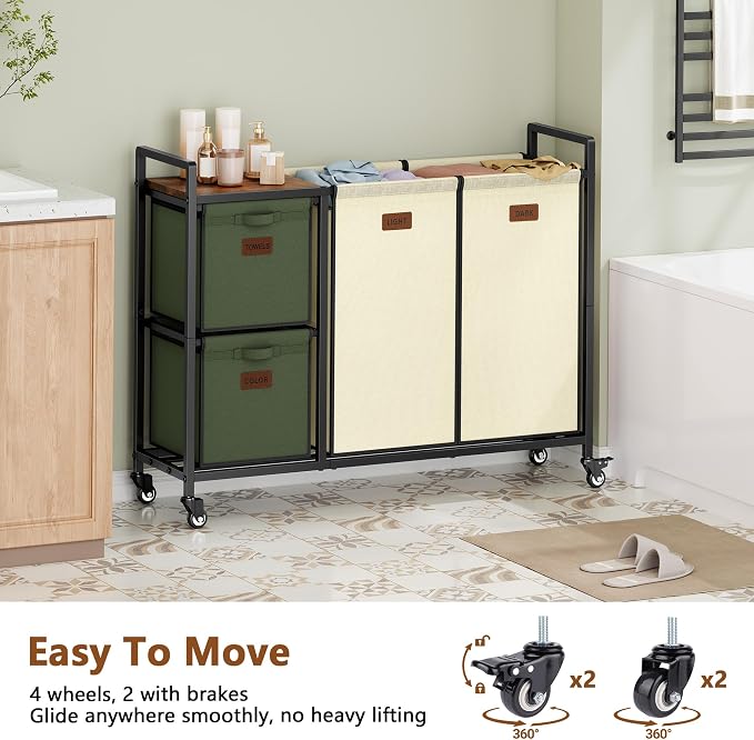 Hoctieon 4 Section Laundry Cart, 48 Gal. Laundry Hamper - Image 3
