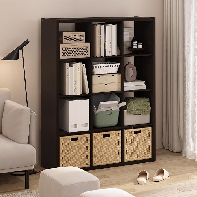 Furinno Cubicle 12-Cube Book Shelf, Extra Thick Frame Bookshelf, Dark Oak | - Image 2