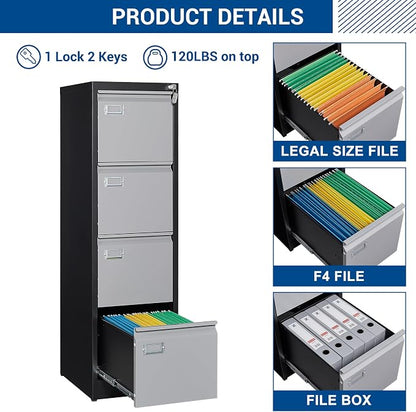 File Cabinets - 4 Drawers Vertical 17.8" Deep Lockable Filing Cabinet - Black & - Image 4
