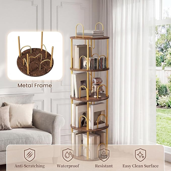 4 Tier Rotating Bookshelf, 360° Spinning Bookshelf Tower, Narrow Corner Book - Image 3