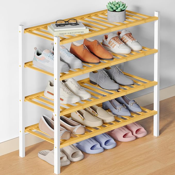 Smiry Bamboo Shoe Rack for Closet, 4 Tier Wooden Stackable Shoe Organizer by Smiry
