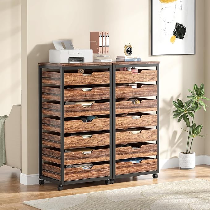 Tribesigns 7-Drawer File Cabinet, Wood Mobile Storage Drawer, Rustic Brown | - Image 9