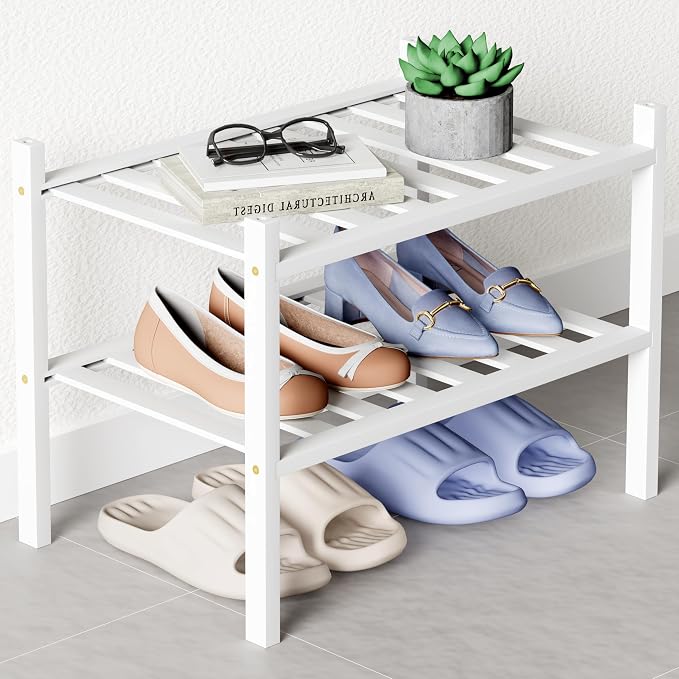 Smiry Bamboo Shoe Rack for Closet, 2 Tier Small Wooden Stackable Shoe Organizer by Smiry