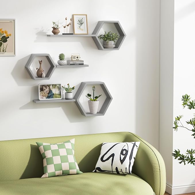 Wooden Hexagon Floating Shelves Wall Mounted, Rustic Honeycomb Shelves - Image 4