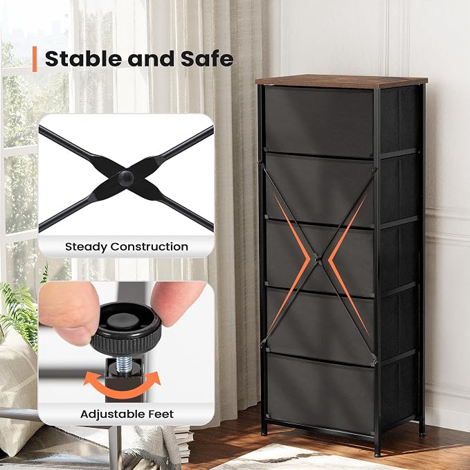 Tall Dresser Vertical Fabric Storage Tower, 5 Drawers | Sturdy Steel Frame - Image 5