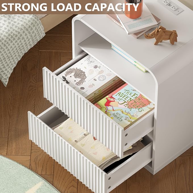 Dresser with 2 Drawers and Charging Station, Fluted Bedside Table with Round - Image 3