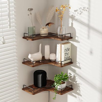 L-Shaped Corner Floating Shelves Set of 3, Rustic Wood Wall Mounted Storage - Image 5