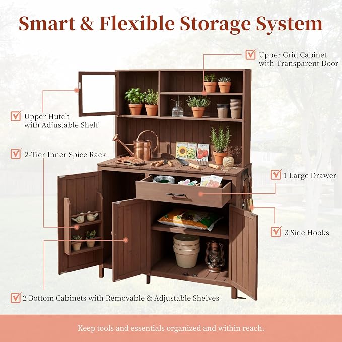 Potting Bench with Hutch, Large Countertop, Patio Kitchen Island with - Image 3