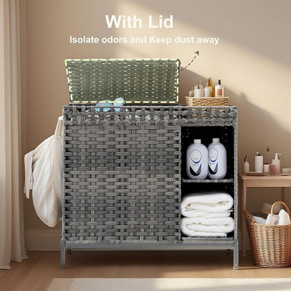 Laundry Hamper with Lid, 110L Rattan Laundry Hamper 2 Section with 50L Storage - Image 2