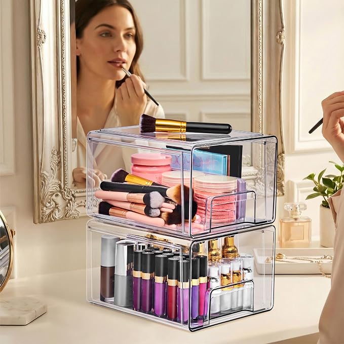 Sorbus Large Clear Stackable Storage Drawers – 2-Pack Plastic Organizer Bins - Image 2