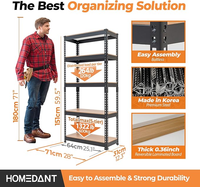HOMEDANT 5 Tier Storage Shelves Adjustable Laminated Boltless Garage Metal - Image 2