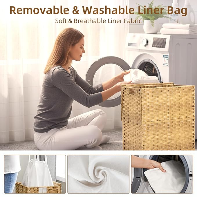 Woven Laundry Basket with Lid, Large Hamper with Removable and Machine-Washable - Image 4