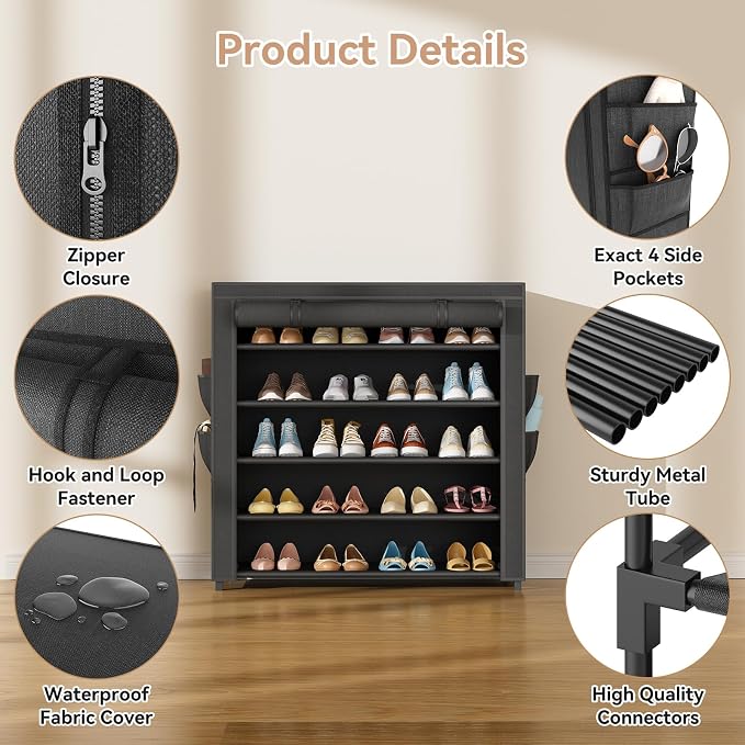 LANTEFUL Shoe Rack with Covers 5 Tier Tall Shoe Rack Organizer Large Capacity - Image 4
