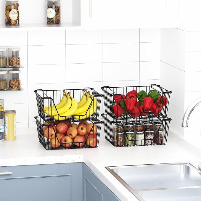 Stackable Wire Metal Baskets Sturdy Cabinet Organizer Wire Pantry Freezer Bin - Image 5